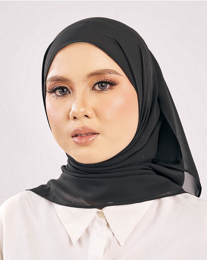 Tudung Shawl Flat Chiffon light ringan lembut black Premium Hijab Malaysia