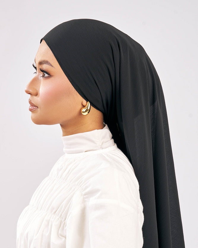 Tudung Muna Ironless Shawl Malas  Chiffon kelabu hitam black Premium Hijab Malaysia