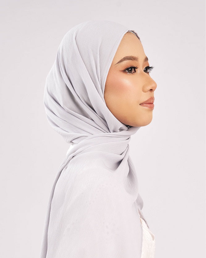 Tudung Muna Shawl Malas Texture Chiffon kelabu light grey Premium Hijab Malaysia
